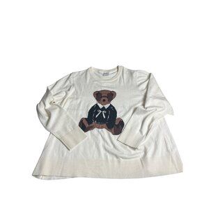 Nikka K Womens 2X Cream Knit crewneck Sweater Teddy Bear Graphic ribbed detail